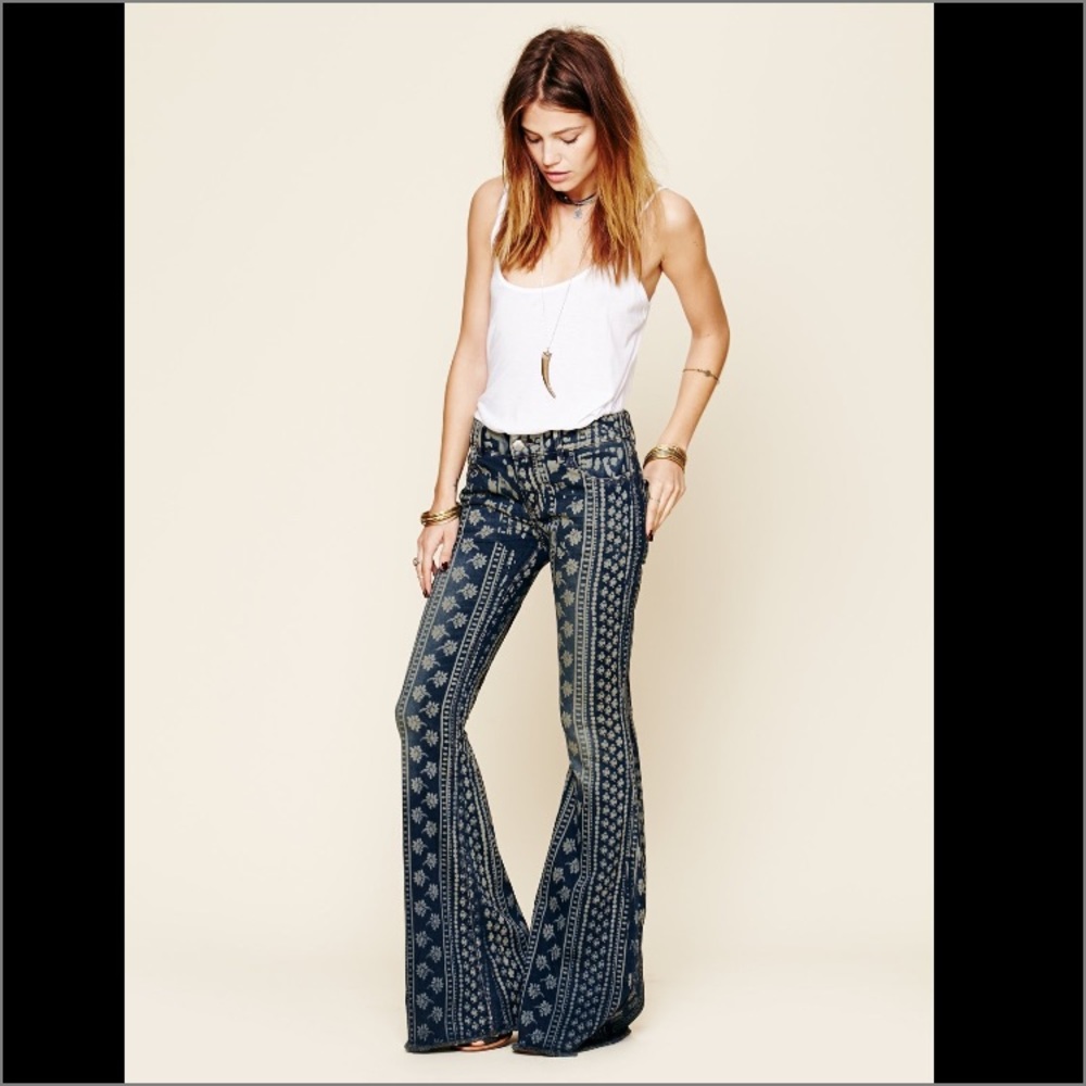 Free People Mantra Print Denim Hemmed Flare Jeans